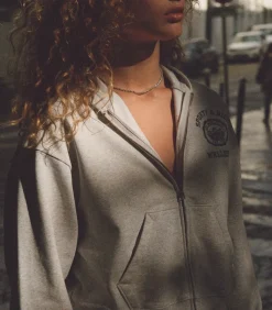Sporty & Rich Hoodie Emblem Cropped Zipped Heather Grey*Femme Mailles & Sweats