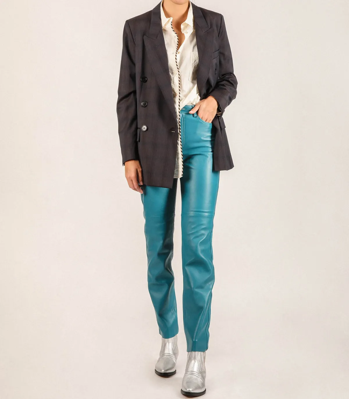 Victoria Leivissa Pantalon en Cuir Bleu Turquoise*Femme Bas