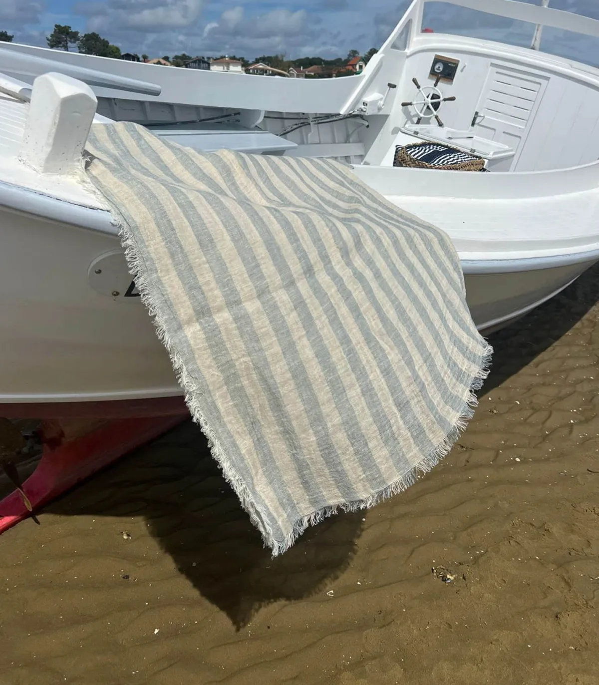 Maison de Vacances Plaid vice versa Frangé Gaze de Lin Lavé Bayadère 150 x 300 cm* Plaids & Couvertures