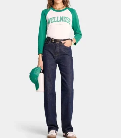 Sporty & Rich Tee-shirt Baseball Wellness Ivy White/Spring Green*Femme Hauts